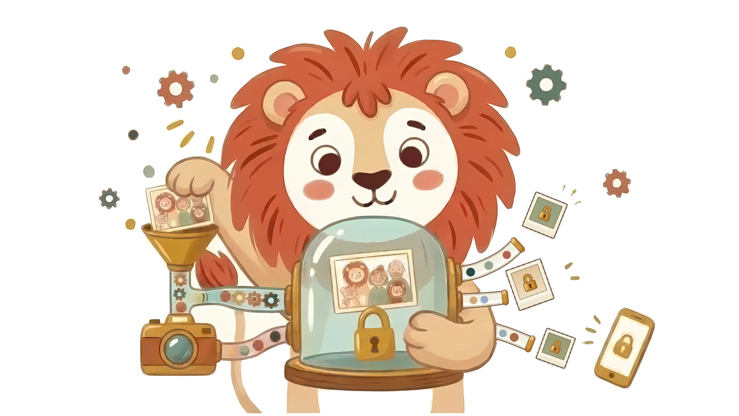 Gabyly's lion runs a machine that turns a family photo into an encrypted memory, locked in a glass vault and shared as a link to a phone.
