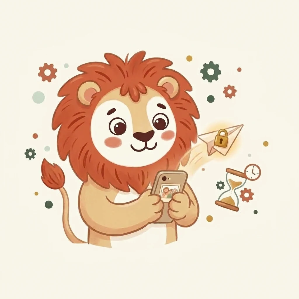 Two grandparents look at a framed family photo held by Gabyly's lion; in front, a phone with a link open in the browser.